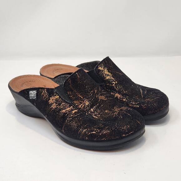 FlyFlot Women Comfort Clog Slide Anatomic Black Bronze Metallic Size 38 US 7.5 - Picture 1 of 8